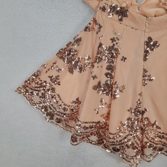 Showpo Boys Lining Up Play Suit Pink Floral Rose Gold Sequin V Neck Club Romper - Picture 14 of 16